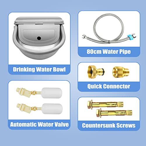 Automatic Animal Drinking Water Bowl with Float Valve, 304 Stainless Steel Kit Includes Bowl, Pipe, 2 Valves, Quick Connector Adapter and Countersunk Bolts.