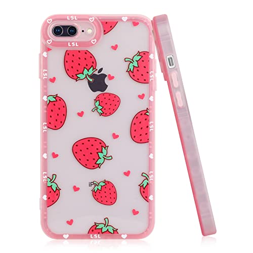 LSL Compatible iPhone 8 Plus Case iPhone 7 Plus Case Clear Cute Strawberry Pattern Design Soft TPU Anti-Drop Scratch Resistant Heavy Duty Protective Wireless Slim Thin Pink Phone Cover for Women Girls