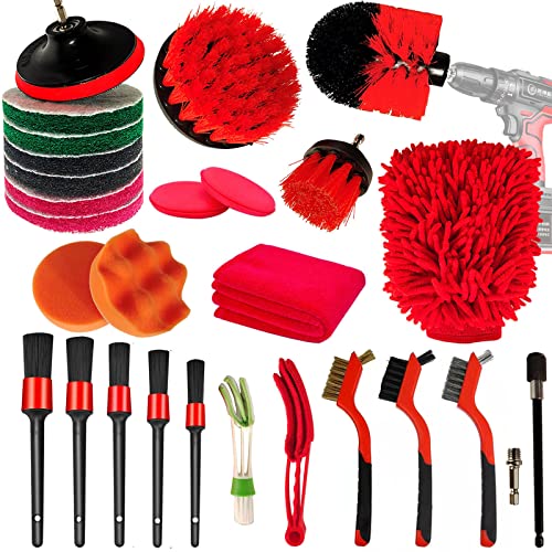 Xboken 27Pcs Car Cleaning Kit with Car Detailing Brush Set,Drill Brush Set,Drill Polishing Pads Kit,Car Cleaning Tool Kit for Engine,Wheels,Interior,Exterior,Leather,Air Vents