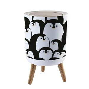 trash can with lid cute animal with penguin black and white color for carpet fabric and press cover small garbage bin round with wooden legs waste basket for bathroom kitchen bedroom 7l/1.8 gallon