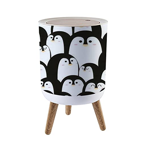 Trash Can with Lid Cute Animal with Penguin Black and White Color for Carpet Fabric and Press Cover Small Garbage Bin Round with Wooden Legs Waste Basket for Bathroom Kitchen Bedroom 7L/1.8 Gallon