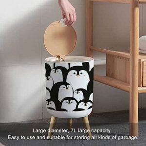 Trash Can with Lid Cute Animal with Penguin Black and White Color for Carpet Fabric and Press Cover Small Garbage Bin Round with Wooden Legs Waste Basket for Bathroom Kitchen Bedroom 7L/1.8 Gallon