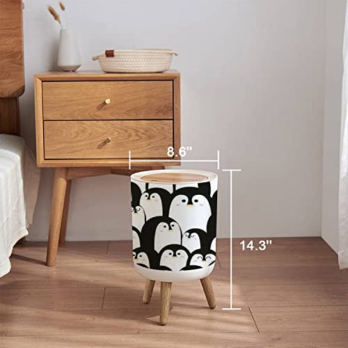 Trash Can with Lid Cute Animal with Penguin Black and White Color for Carpet Fabric and Press Cover Small Garbage Bin Round with Wooden Legs Waste Basket for Bathroom Kitchen Bedroom 7L/1.8 Gallon