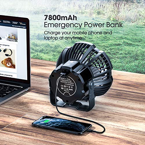 Camping Fan with LED Lantern, 7800mAh Rechargeable Portable Tent Fan with Remote Control, Power Bank, 180°Head Rotation, Perfect Quiet Battery Operated USB Fan for Picnic, Barbecue, Fishing (Black)