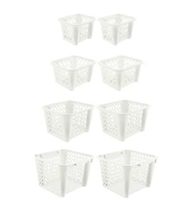 organize your home stackable white storage containers with open tops, 8 pack of assorted sizes, great organizing bins for pantry, closet, bedroom, and all storage