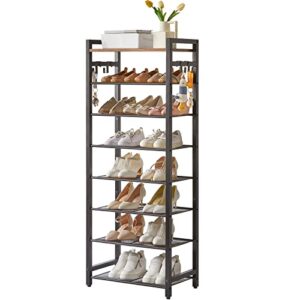 ibuyke 8 tier shoe rack, hold 14-21 pairs of shoes, narrow shoe shelf organizer with 4 hooks, space saver, shoe organizer for entryway, hallway, bedroom, living room, rustics brown, txj081h