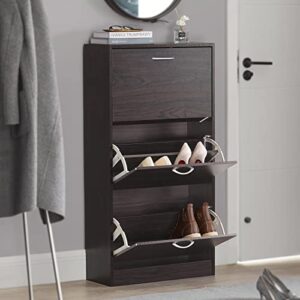 haotian fsr110-br, brown shoe cabinet with 3 flip drawers, freestanding shoe rack, shoe storage cupboard organizer unit