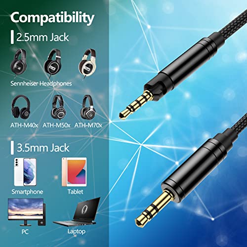 Replacement Cable for Sennheiser HD598 HD558 HD518 HD579 HD599 HD569 HD598 Cs, ATH-M40x ATH-M50x ATH-M70x Headphones Cord, 6.5 Feet/2.0 M 3.5mm to 2.5mm Headphone Audio Cable Nylon Braided Wire-Black
