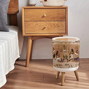 Small Trash Can with Lid Ancient Egypt Frescoes Life of egyptians Agriculture Workmanship Round Recycle Bin Press Top Dog Proof Wastebasket for Kitchen Bathroom Bedroom Office 7L/1.8 Gallon