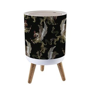 Small Trash Can with Lid Embroidery Griffin Medieval Gothic Tapestry Renaissance Style Round Recycle Bin Press Top Dog Proof Wastebasket for Kitchen Bathroom Bedroom Office 7L/1.8 Gallon