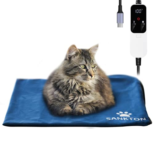 SANKTON Pet Heating Pad, 12''×16'' USB-C Portable Fast Heating Pad for Dogs and Cats Indoor Waterproof Adjustable Warming Mat with Auto-Off and Auto Constant Temperature, Chew Resistant Steel Cord