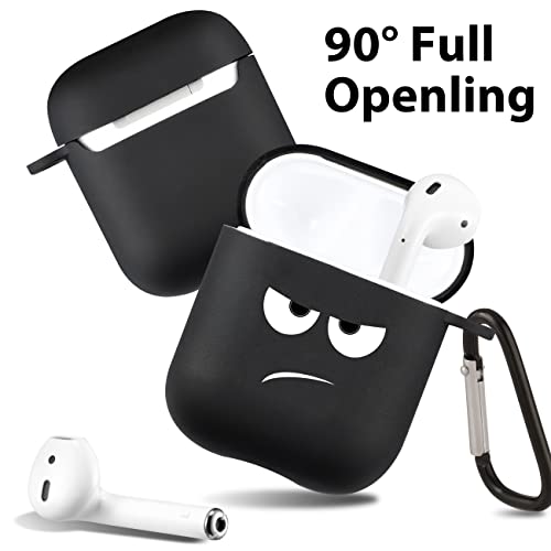 Mulafnxal for Airpod 1/2 Case Cute Cartoon 3D Unique Soft TPU Cover Funny Fashion Fun Kawaii Character Stylish Design Cases Women Girls Boys Teen for Air pods 1/2 Black Angry Face