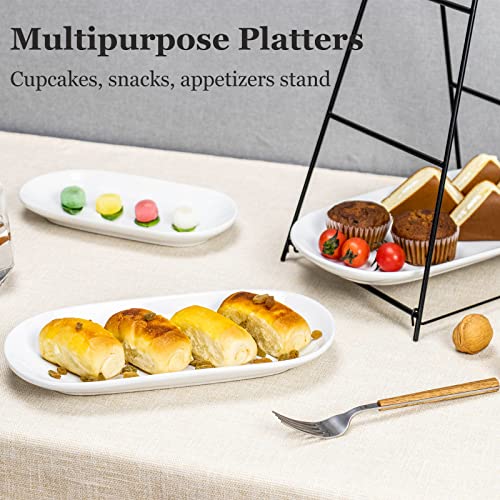 UNICASA 3 Tier Serving Tray - White Oval Serving Plate Dishes, Party Trays and Platters with Metal Rack for Cake, Snack, Fruit - Chips and Dips Serving Set