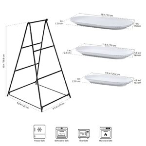 UNICASA 3 Tier Serving Tray - White Oval Serving Plate Dishes, Party Trays and Platters with Metal Rack for Cake, Snack, Fruit - Chips and Dips Serving Set