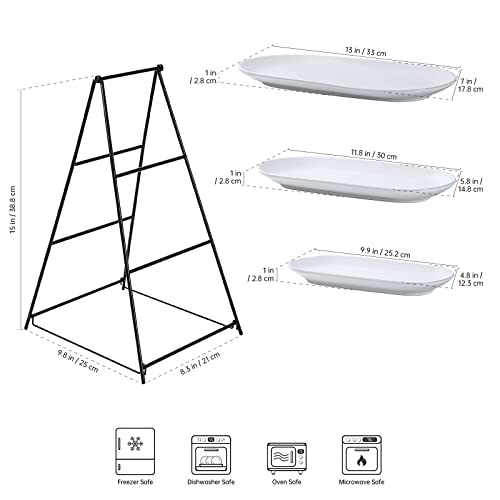 UNICASA 3 Tier Serving Tray - White Oval Serving Plate Dishes, Party Trays and Platters with Metal Rack for Cake, Snack, Fruit - Chips and Dips Serving Set