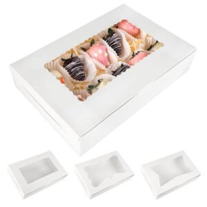 moretoes 48pcs white bakery boxes 12x8x2.5 inches with 3 style window for pastry, dessert, cookies, muffins, donuts, chocolate covered strawberries with 4pcs stickers