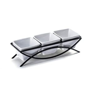 unicasa square ramekin bowls 10 oz, condiment serving tray with metal rack stand - chips and dips snack tray for party - white side dish for appetizer, fruit, nuts, ice cream, candy