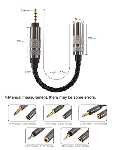 Headphone Adapter 2.5mm Male to 4.4mm Female Adapter for 4.4mm Cable Connected to Balanced 2.5mm Player Device High Stereo Audio Converter OFC Cable with Gold-Plated Plug 6 inch Length Extension Cord