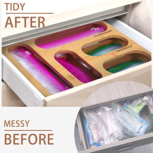 Taotripos Bamboo Ziplock Bag Storage Organizer for Kitchen, Baggie Organizer Dispenser for Drawer Sandwich Bag Organizer Holders Compatible with Ziploc, Solimo, Glad, Hefty for Various Sizes Bags