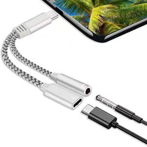 hldinie usb c to 3.5mm headphones and charger adapter, 2-in-1 usb c to aux audio jack high resolution dac and fast charging dongle cable (white)