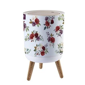 small trash can with lid set of floral branch flower red burgundy purple rose green leaves garbage bin wood waste bin press cover round wastebasket for bathroom bedroom kitchen 7l/1.8 gallon