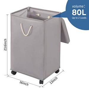 STORAGE MANIAC Rolling Laundry Hamper, 80L Tall Laundry Basket on Wheels, XL Dirty Clothes Hamper with Handle, Freestanding Clothes Hamper for Dorms, Bedroom, Bathroom, Living Room - With Lid Grey