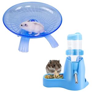 3 in 1 Hamster Water Bottle + Flying Saucer Exercise Wheel for Dwarf Hamster Mouse Rat Hedgehog (Blue)