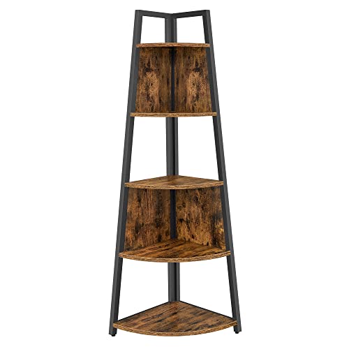 VASAGLE 71.6 Inch Tall Corner Shelf, 5 Tier Rustic Corner Bookshelf Bookcase, Corner Ladder Shelf Multipurpose, Plant Stand for Living Room, Bedroom, Kitchen, Brown and Black ULLS804B01