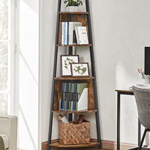 VASAGLE 71.6 Inch Tall Corner Shelf, 5 Tier Rustic Corner Bookshelf Bookcase, Corner Ladder Shelf Multipurpose, Plant Stand for Living Room, Bedroom, Kitchen, Brown and Black ULLS804B01