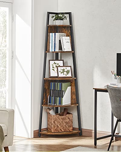 VASAGLE 71.6 Inch Tall Corner Shelf, 5 Tier Rustic Corner Bookshelf Bookcase, Corner Ladder Shelf Multipurpose, Plant Stand for Living Room, Bedroom, Kitchen, Brown and Black ULLS804B01