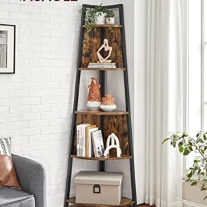 VASAGLE 71.6 Inch Tall Corner Shelf, 5 Tier Rustic Corner Bookshelf Bookcase, Corner Ladder Shelf Multipurpose, Plant Stand for Living Room, Bedroom, Kitchen, Brown and Black ULLS804B01