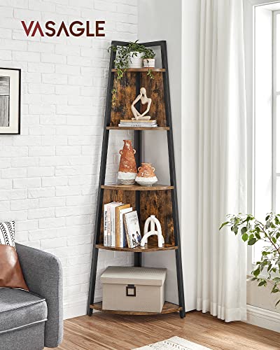 VASAGLE 71.6 Inch Tall Corner Shelf, 5 Tier Rustic Corner Bookshelf Bookcase, Corner Ladder Shelf Multipurpose, Plant Stand for Living Room, Bedroom, Kitchen, Brown and Black ULLS804B01