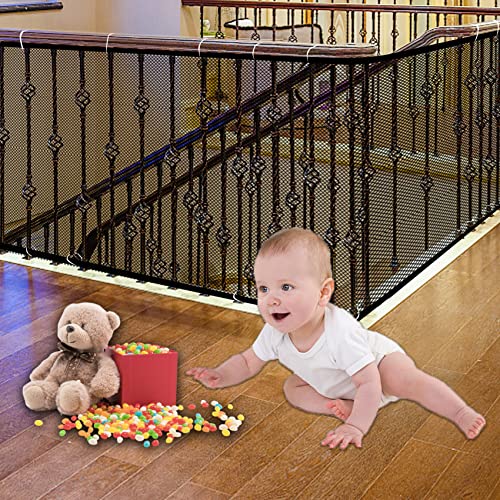 JIFTOK Baby Gate for Stairs, Banister Guard for Kids, Pets, Toys, 10ft L x 2.66 ft H, Mesh Netting Safety Net for Balcony Rail Stair, Stairway Net Baby Safety Products for Indoor & Outdoor (Black)