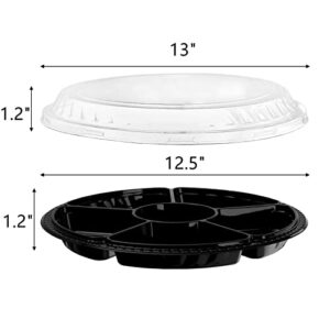 Lawei 30 Pack Plastic Appetizer Tray with Lid - 12.5 Inch Round Plastic Party Platters, 6 Divided Compartment Serving Tray Disposable Food Serving Dip Platter for Party Buffet