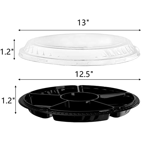 Lawei 30 Pack Plastic Appetizer Tray with Lid - 12.5 Inch Round Plastic Party Platters, 6 Divided Compartment Serving Tray Disposable Food Serving Dip Platter for Party Buffet