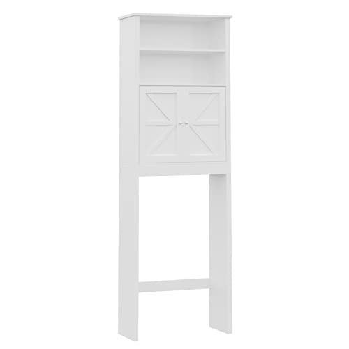 Reettic Tall Over The Toilet Storage with Two Doors, Free Standing Bathroom Space Saver with Inner Adjustable Shelf, Wooden Bathroom Cabinet Organizer Over Toilet, White BMGZ151W