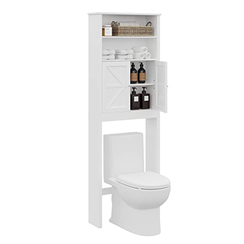 Reettic Tall Over The Toilet Storage with Two Doors, Free Standing Bathroom Space Saver with Inner Adjustable Shelf, Wooden Bathroom Cabinet Organizer Over Toilet, White BMGZ151W