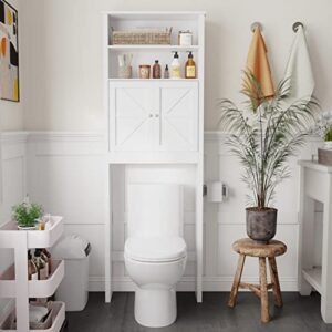 Reettic Tall Over The Toilet Storage with Two Doors, Free Standing Bathroom Space Saver with Inner Adjustable Shelf, Wooden Bathroom Cabinet Organizer Over Toilet, White BMGZ151W