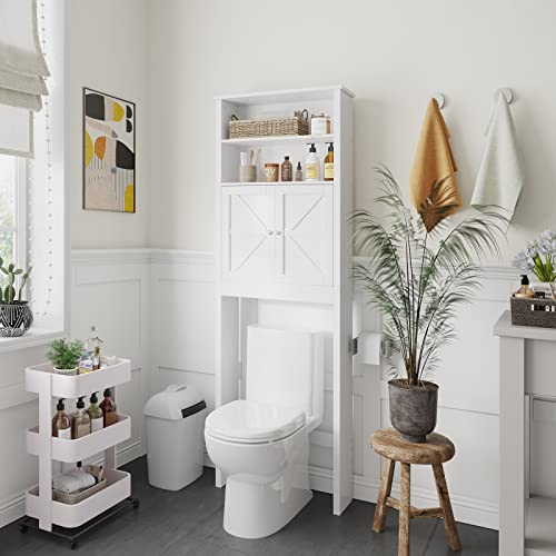 Reettic Tall Over The Toilet Storage with Two Doors, Free Standing Bathroom Space Saver with Inner Adjustable Shelf, Wooden Bathroom Cabinet Organizer Over Toilet, White BMGZ151W