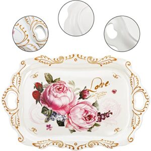 DEAYOU 3-Pack Melamine Serving Tray, Stackable Food Tray with Handles for Eating, Unbreakable Large Serving Platter with Floral Print for Gift, Party, Decor, Home, Restaurant, 16"L x 11"W, Rectangle