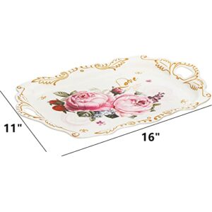 DEAYOU 3-Pack Melamine Serving Tray, Stackable Food Tray with Handles for Eating, Unbreakable Large Serving Platter with Floral Print for Gift, Party, Decor, Home, Restaurant, 16"L x 11"W, Rectangle