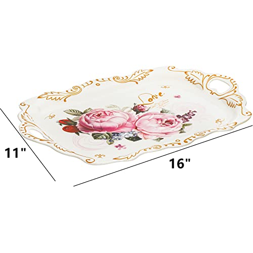 DEAYOU 3-Pack Melamine Serving Tray, Stackable Food Tray with Handles for Eating, Unbreakable Large Serving Platter with Floral Print for Gift, Party, Decor, Home, Restaurant, 16"L x 11"W, Rectangle