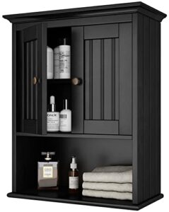 treocho wood wall cabinet bathroom medicine cabinet storage with doors and adjustable shelf wall mount for bathroom, livingroom, kitchen, cupboard, black