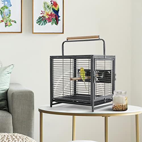 Yaheetech 25.5'' Wrought Iron Bird Travel Carrier Cage Parrot Cage with Handle Wooden Perch & Seed Guard for Small Parrots Canaries Budgies Parrotlets Lovebirds Conures Cockatiels