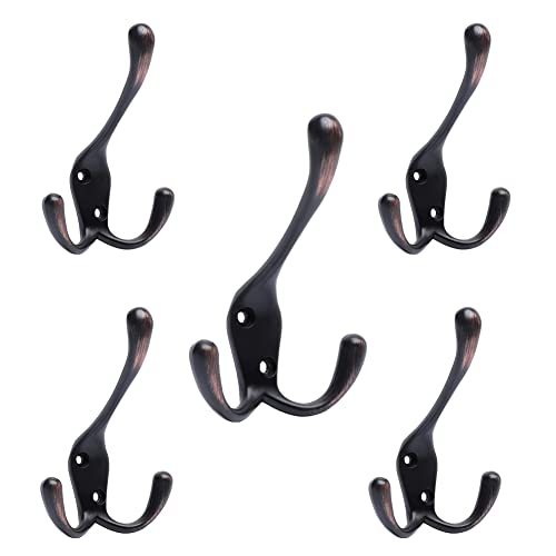 HARPOON 5 Pack of Mounted Tri Hooks, Heavy Duty, Stainless Steel, Metal Coat Hook Rail for Coat Hat Towel Purse Robes Mudroom Bathroom Entryway (Oil-Rubbed Bronze)