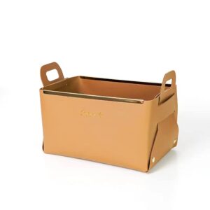 Multi-Functional Leather Foldable Storage Desk Basket,Rectangle Decorative Bin With Metal Handles,For Office Supplies CD Cosmetics Keys, Empty Gift Basket (Light brown)