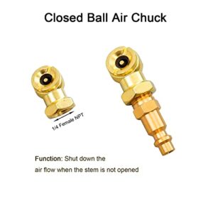 Kabcifea 10 PCS Heavy Duty Brass Air Chuck Set,Dual Head Air Chuck,1/4 Inch Dual NPT Closed Ball Air Chuck,Closed Flow Tire Chuck,Air Hose Quick Connect Adapter with 1 PCS Thread Seal Tape