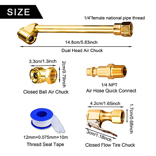 Kabcifea 10 PCS Heavy Duty Brass Air Chuck Set,Dual Head Air Chuck,1/4 Inch Dual NPT Closed Ball Air Chuck,Closed Flow Tire Chuck,Air Hose Quick Connect Adapter with 1 PCS Thread Seal Tape