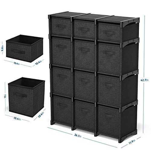 12 Cube Storage Organizer, Black Storage Cubes Organizer Shelves, Sturdy Cubbies Storage Shelves with Cube Storage Organizer Bins, DIY Cube Shelf Organizer for Bedroom, Playroom, Office, & Dorm