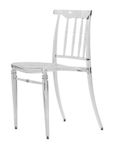leisuremod spindle mid-century modern plastic dining chair with clear acrylic seat and legs, stackable accent side chair for kitchen and dining room, single